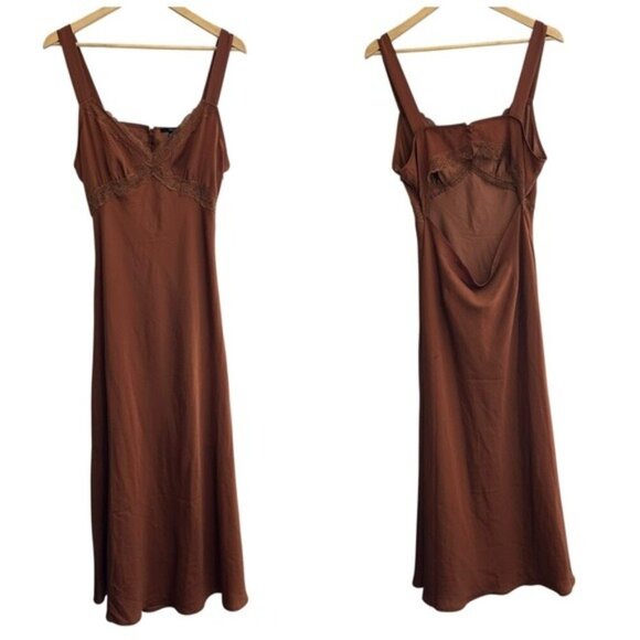 Forever 21 XL Brown Slip Dress Lace Detail Cut-Out Back Sleeveless Y2K Aesthetic - Picture 1 of 12